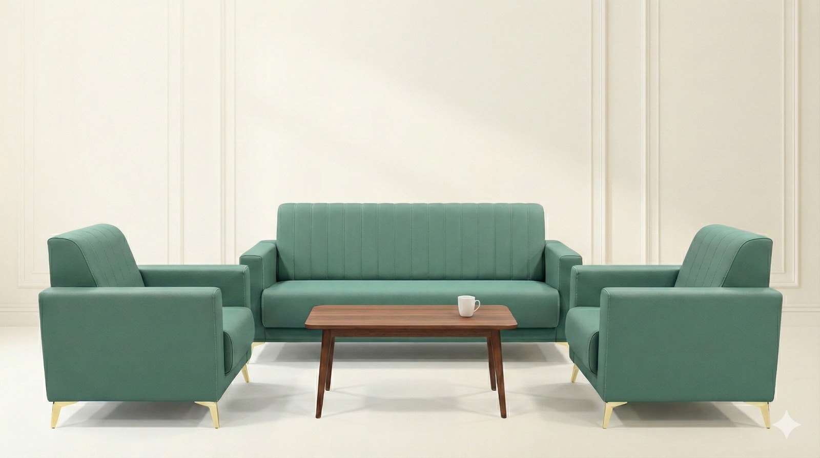 Olive green cane sofa set with center table