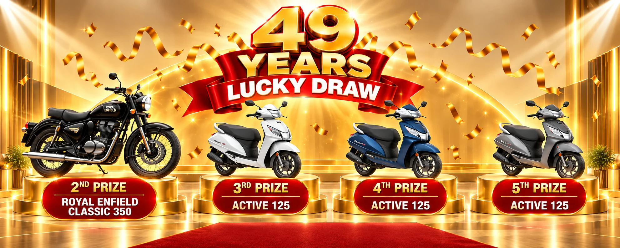 Pavan Furniture 49th anniversary lucky draw prizes: Royal Enfield Classic 350 and three Active 125 scooters