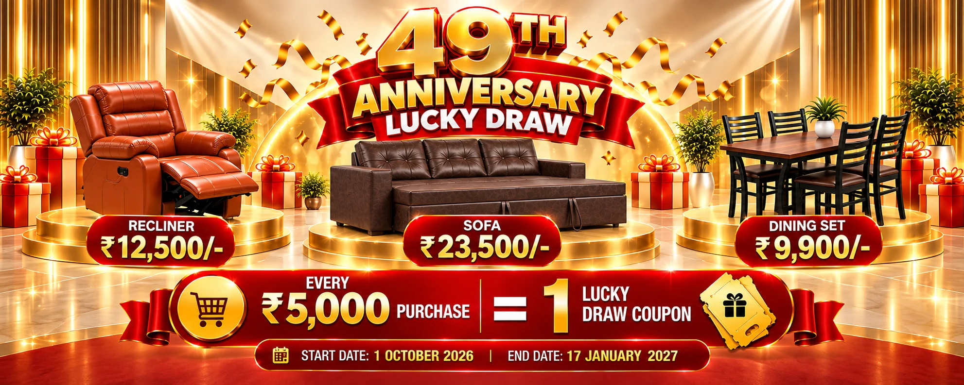 Pavan Furniture 49th anniversary offers: recliner Rs 12,500, sofa Rs 23,500, dining set Rs 9,900; every Rs 5,000 purchase earns one lucky draw coupon, from October 1, 2026 through January 17, 2027
