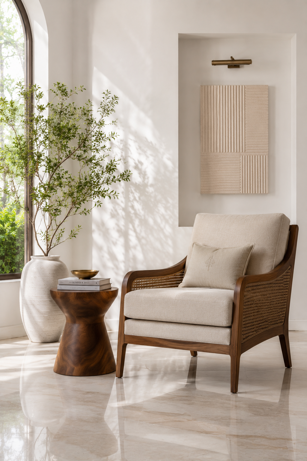 Elegant chair and side table styled in a serene interior