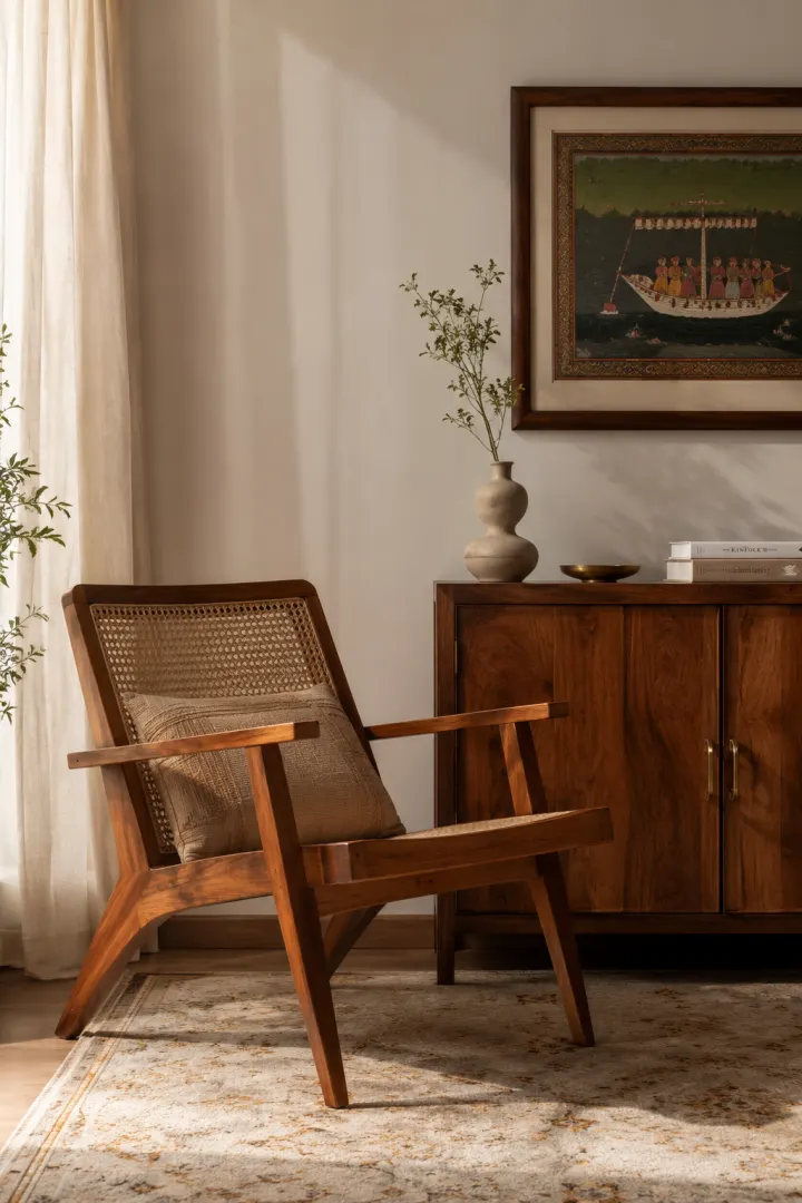 Warm wood cabinet and lounge chair inside a calm refined interior