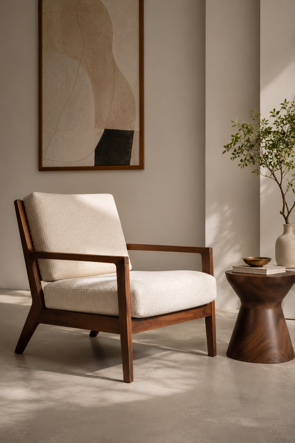Minimal accent chair framed in a light editorial setting