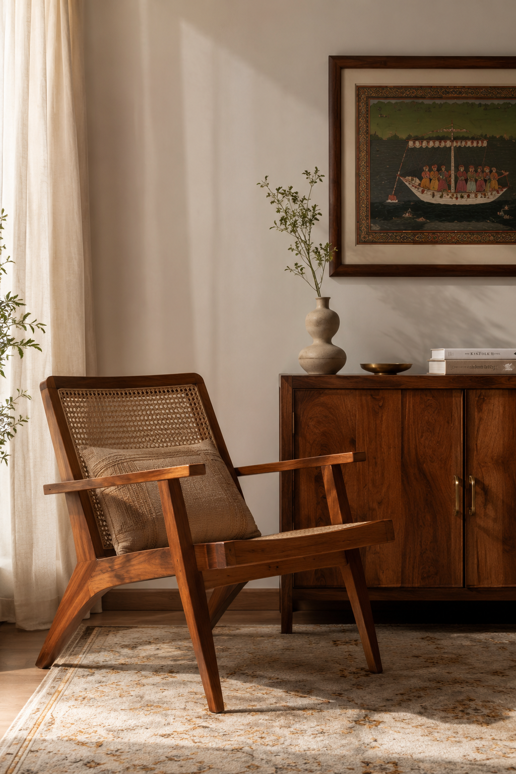 Warm wood cabinet and lounge chair inside a calm refined interior